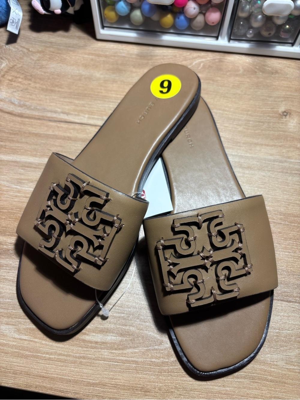 Tory Burch Tan Leather Logo Slide Sandals